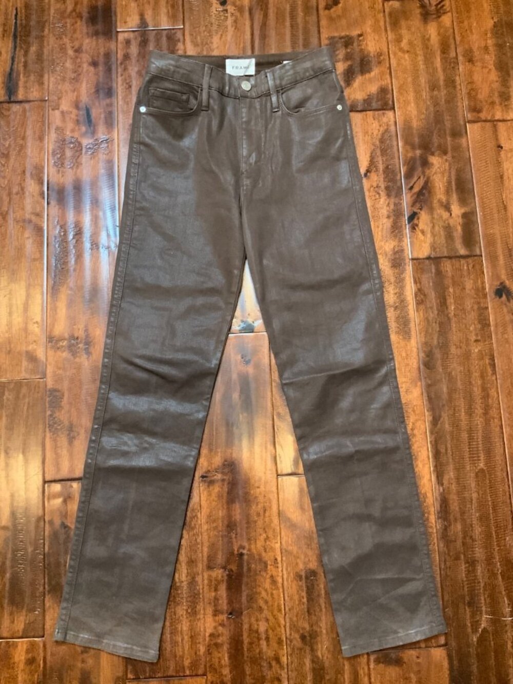 FRAME Chocolate Brown Denim Le Sylvie Slender Straight Coated Jeans, Size 27